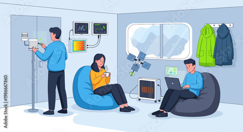 People relaxing and working in a cozy room.