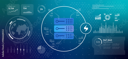 power electricity for data center server rack with digital dashboard interface computing analytics global network statistics and artificial intelligence processing performance on dark blue high tech