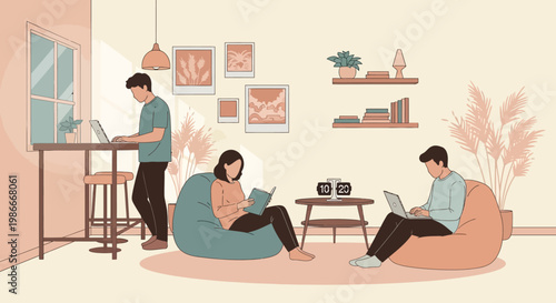 People working and reading in a cozy home office environment.