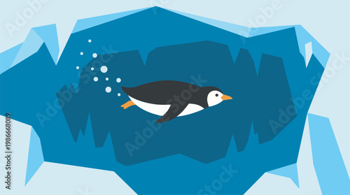 Penguin swimming underwater in icy ocean environment illustration