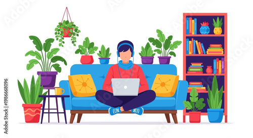 Person working on laptop surrounded by plants.