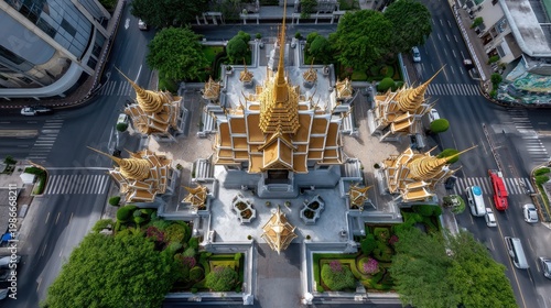 Aerial View of Ornate Temple with Golden Spires Surrounded by Lush Greenery and Urban Setting in Asia