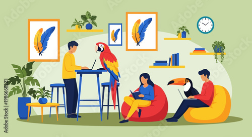 People and exotic birds in a modern office space.