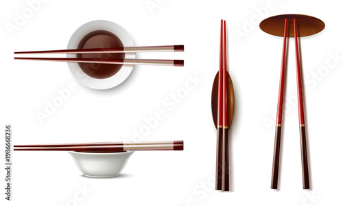 Realistic chopsticks and bowl of soy sauce. Wooden sticks for oriental cuisine. Chinese cutlery. Japanese food serving. Plate top and side views. Asian tableware. Vector objects set