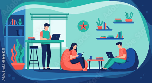 People working and studying in a modern home office environment.