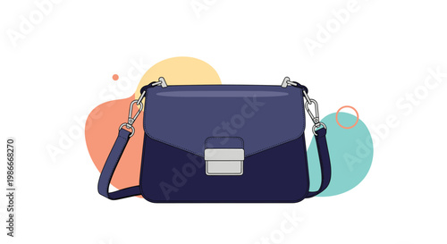 Stylish blue handbag with a silver clasp and shoulder strap is featured against a colorful abstract background.