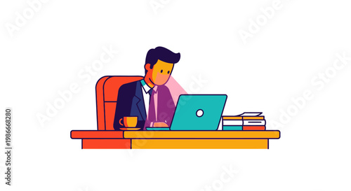 Man in Suit Working Diligently on Laptop at Desk.