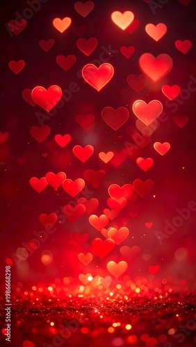 A dark background with numerous red and orange hearts floating upwards