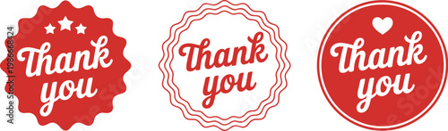 Thank you badge label icon set, handwritten typography designs representing gratitude appreciation message for branding packaging stickers and marketing design elements.