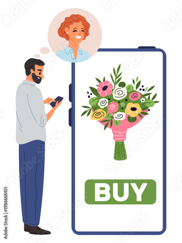Man buys bouquet of flowers for his girlfriend online using app on his phone. Smartphone screen. Mobile display. Floristic shop delivery. Male paying for blossoms bunch. Vector concept