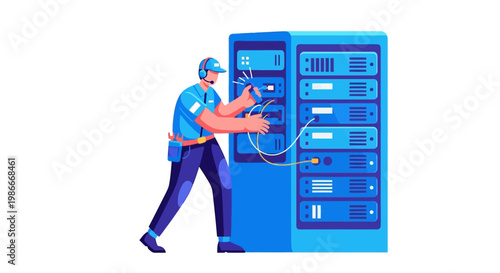 IT technician working on server rack in data center.