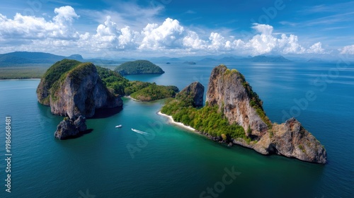 Aerial View of Remote Tropical Islands Surrounded by Turquoise Water and Lush Greenery Under a Bright Blue Sky
