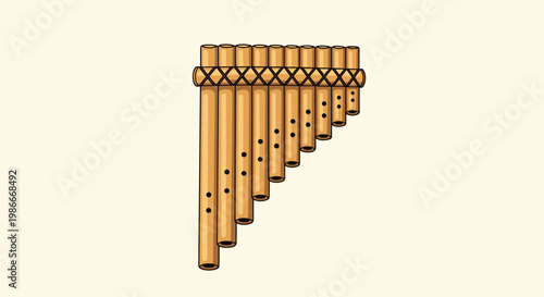 Traditional pan flute made of wooden pipes tied together with cord is shown in a detailed musical instrument drawing.
