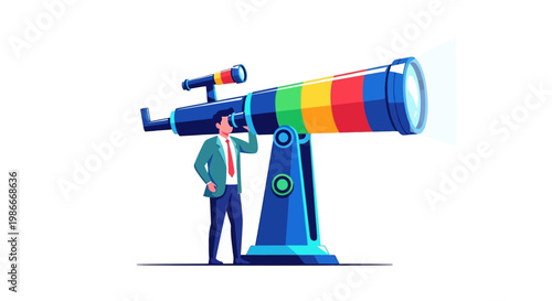 Man Looking Through Colorful Telescope Discovering New Horizons.