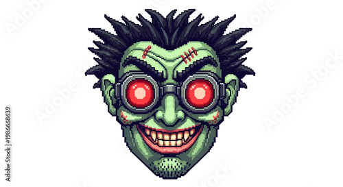 Mad Scientist Face with Glowing Red Eyes and Spiky Hair.