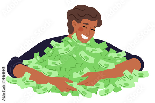 Happy businessman hugging large pile of money. Economy success and wealth. Billionaire savings. Financial prosperity. Man holding dollar banknotes heap. Investment profit. Vector concept