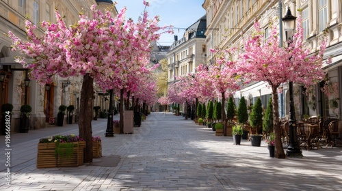 Serene Spring Baubles of Cherry Blossom Trees in a Cozy Urban Alleyway with Vibrant Petals and Fresh Greenery