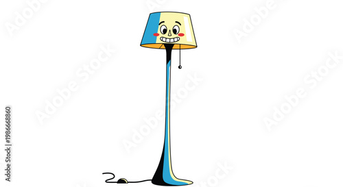 Tall floor lamp character with a happy smiling face on its shade featuring rosy cheeks and long slender neck standing on a white background.