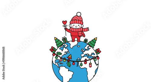 Little girl in red winter clothes standing on top of planet earth decorated with festive Christmas trees, gift boxes, and holly berries.