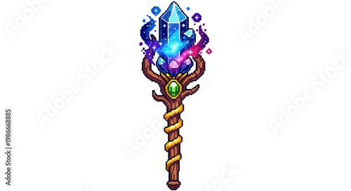 Magical Crystal Staff with Cosmic Energy and Gemstone.