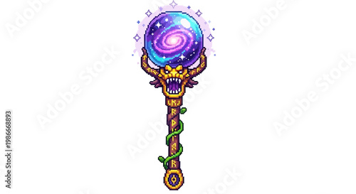 Magical Cosmic Orb Staff with Dragon Head and Vine Details.