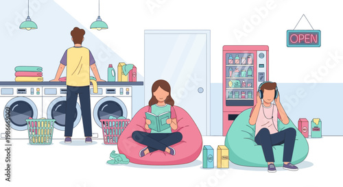 People relaxing in a laundromat with beanbags and drinks.