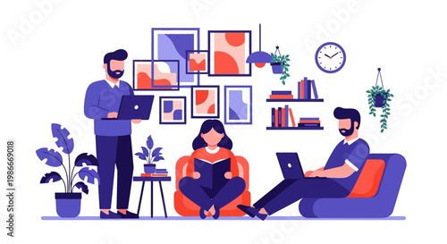 People working and reading in a cozy living room.