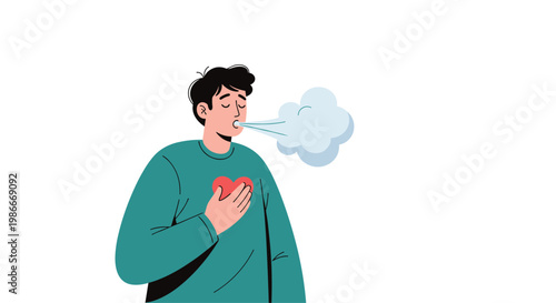 Man in a green sweater holding his hand over a red heart while exhaling a large white cloud of breath or smoke on a white background.
