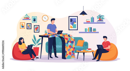 People working remotely in a comfortable living room setting.