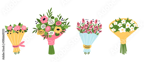 Bouquets of spring flowers. Floral arrangements for gifts and beauty. Roses and tulips bunches. Holiday present. Wedding blossoms. Birthday or Valentine blooms. Vector botanical set