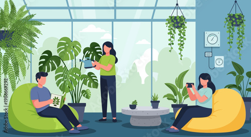 People Relaxing in a Modern Green Office Space.