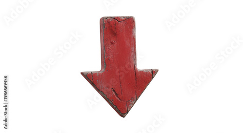 A large, weathered red arrow pointing straight downwards against a white background isolated on transparent background