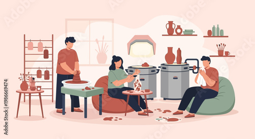 People engaged in pottery making and crafting ceramics.