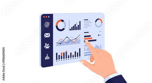Data analytics dashboard screen with hand interacting with pie charts clean flat vector symbolizing digital business intelligence