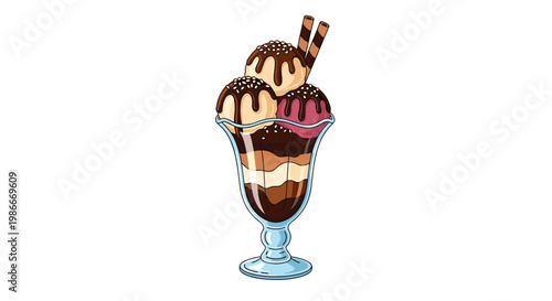 Delicious ice cream sundae served in a glass featuring scoops of vanilla and strawberry topped with chocolate sauce and two crispy wafer sticks.