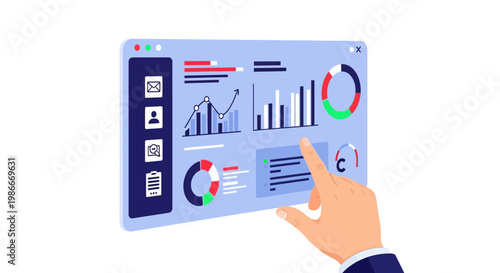 Web analytics dashboard admin panel with hand touching statistical charts light flat vector symbolizing business information management