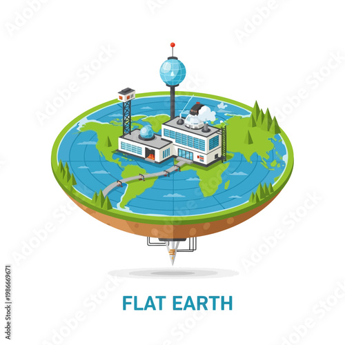 Flat Earth Concept: Isometric View of a Futuristic Research Facility on a Disc World
