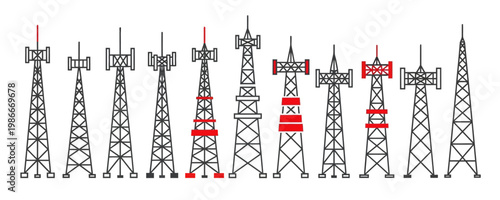 Telecommunication tower network set showing various broadcasting antennas line art vector representing global wireless connection
