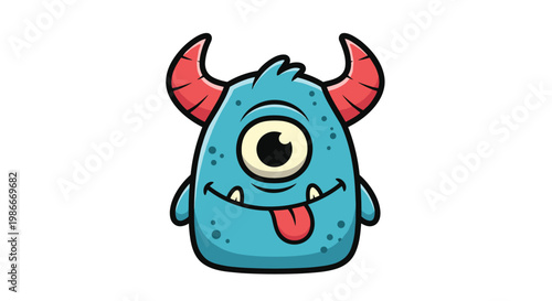 Cute little blue monster character with one large eye, two red horns, and its tongue sticking out in a playful and friendly manner on white background.