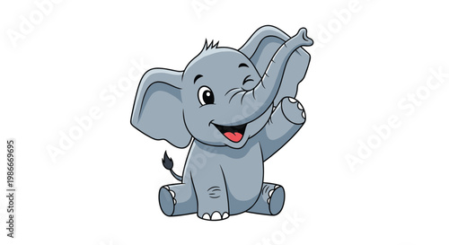 Adorable baby elephant sitting on the ground with a happy winking expression and one ear raised against a plain white background for kids art.