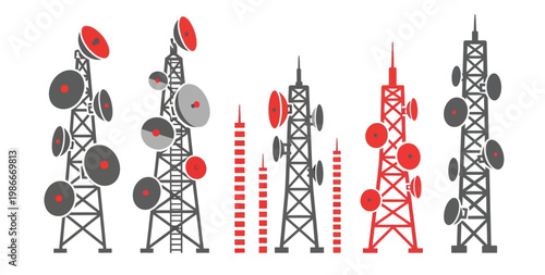 Telecommunication towers and satellite dishes in dark grey and red silhouette vector design