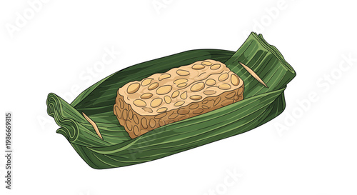Traditional Indonesian tempeh made from fermented soybeans served inside a green banana leaf wrapper secured with small wooden picks.
