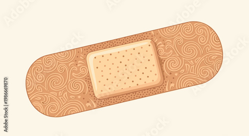 Ornate tan medical bandage with intricate swirl patterns and a perforated center pad isolated on a plain beige background.