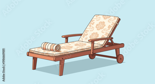 Wooden beach chair with floral cushion and striped towel on a light blue background, perfect for summer vacation concepts.