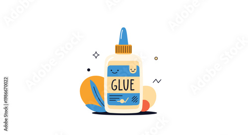 Bottle of liquid glue with a blue cap and a happy face on the label surrounded by abstract colorful shapes and stars.