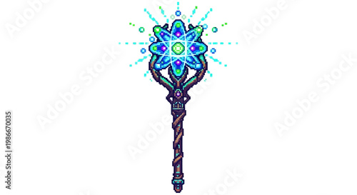 Magical glowing atomic staff with bright blue energy.
