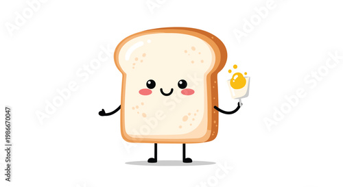 Cheerful slice of white bread character with a cute face holding a small fried egg on a spatula against a white background.