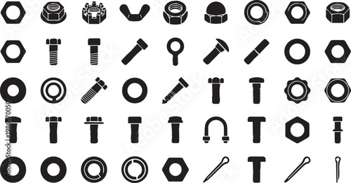 Industrial Nut and Bolt Silhouette Icon Set, 30 Black Vector Symbols for Fasteners, Washers, Hex Bolts, and Engine Hardware Components
