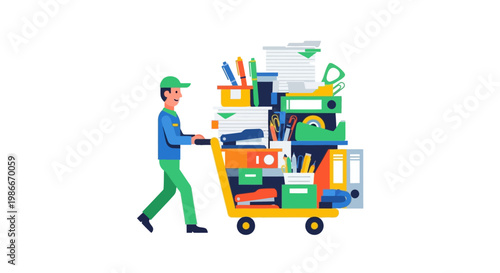 Man Pushing Cart Full of Office Supplies and Stationery.