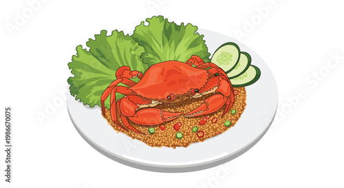 Steamed red crab served on a bed of grains with fresh lettuce leaves and sliced cucumbers on a white plate for a seafood meal.